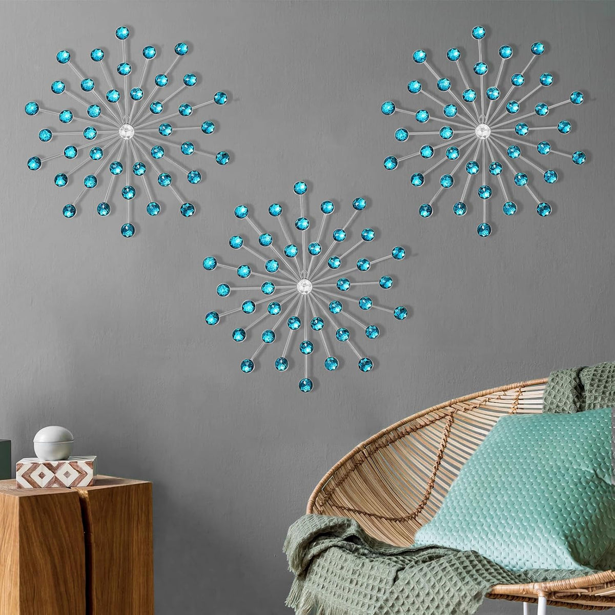 SIYIKRYP Set of 3 Crystal Sunburst Wall Decor – 9.8" Metal Wall Art with Blue Rhinestone Accents – Modern 3D Starburst Hanging Ornaments for Living Room, Bedroom, Office