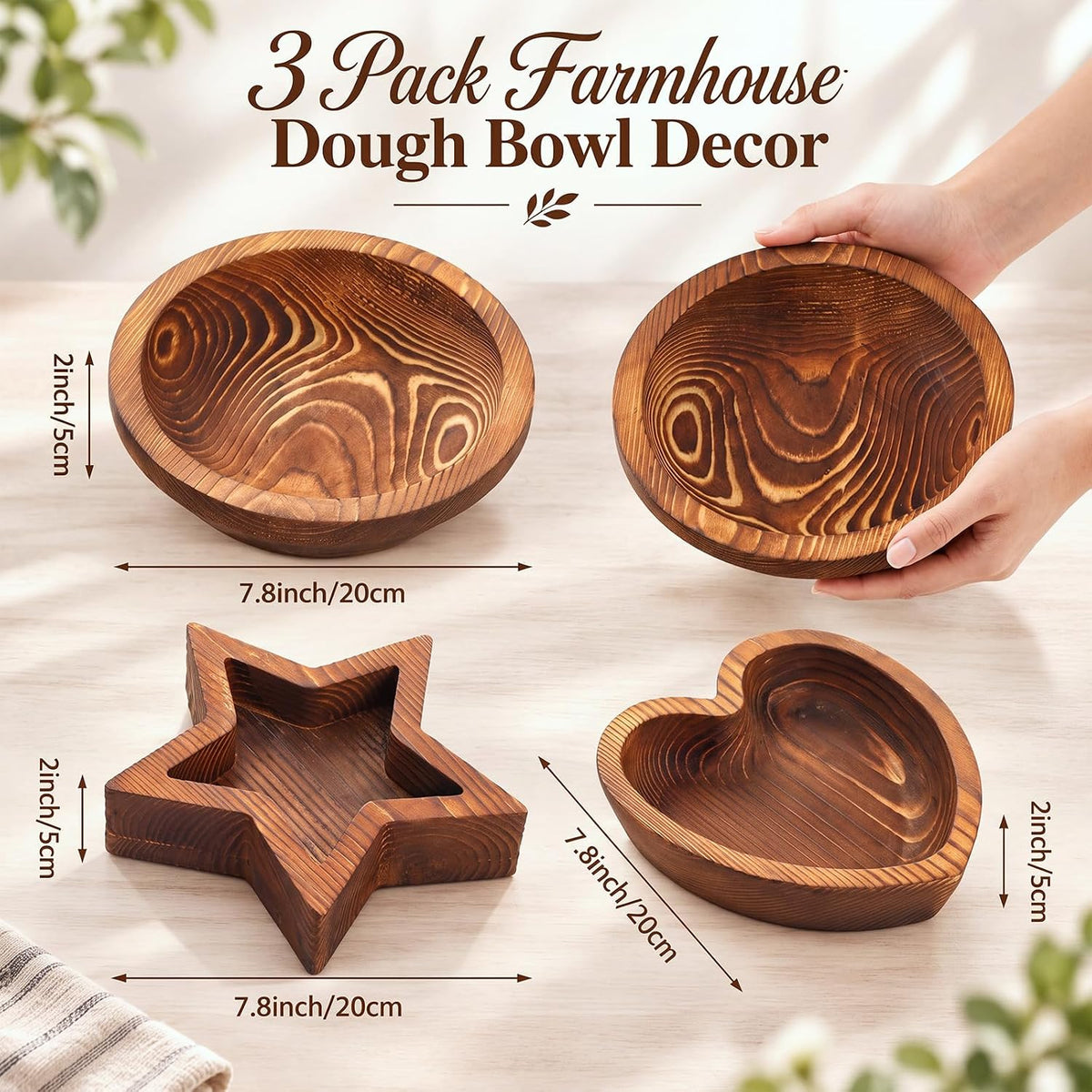 GlikCeil 3 Pack Wooden Dough Bowls Trays for DIY Craft, Standard, Brown