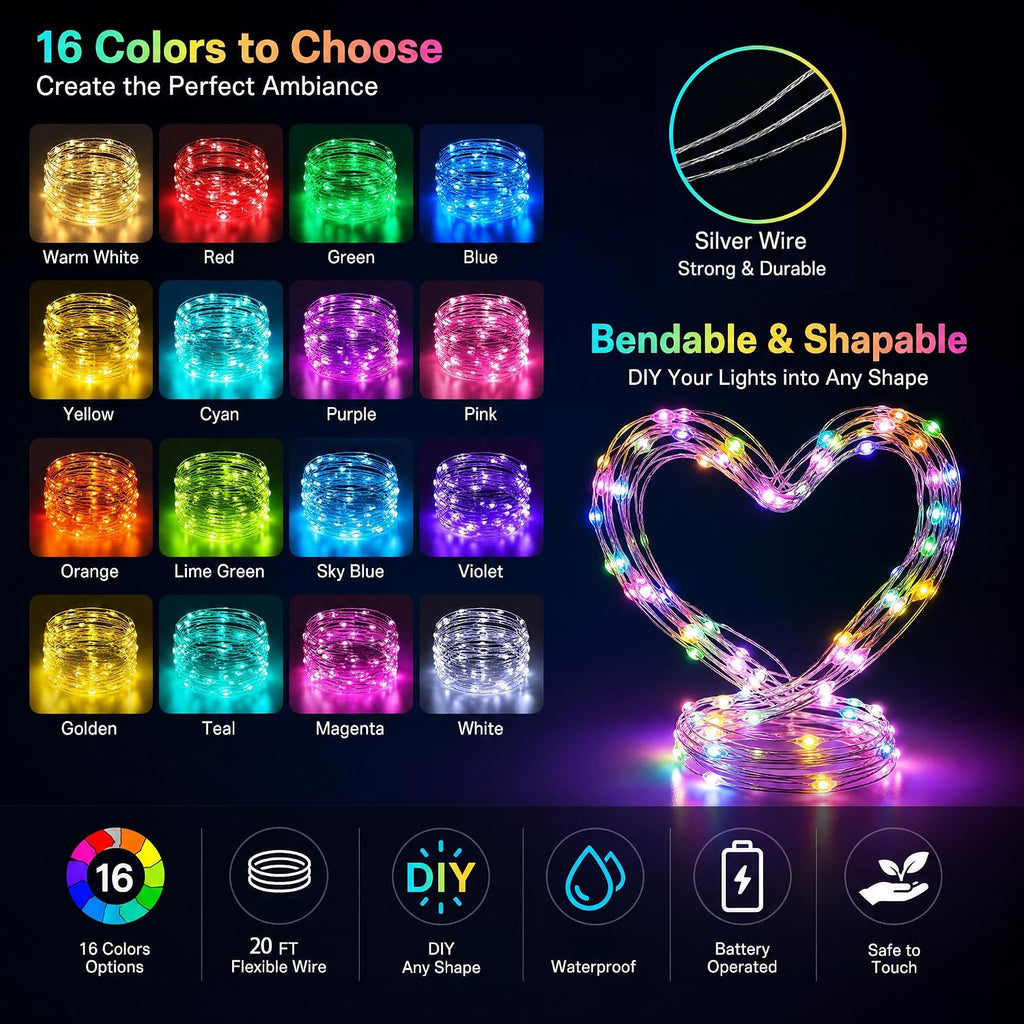 Dazzle Bright Color Changing Fairy Lights Battery Operated, 2 Pack Total 40FT 120LED Silver Copper Wire RGB String Lights with Remote, Waterproof Halloween Decorations for Indoor Outdoor Party Decor