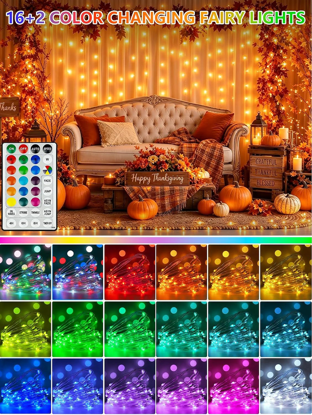 2 Pack 60 LED RGB Color Changing Fairy Halloween Lights Battery Operated