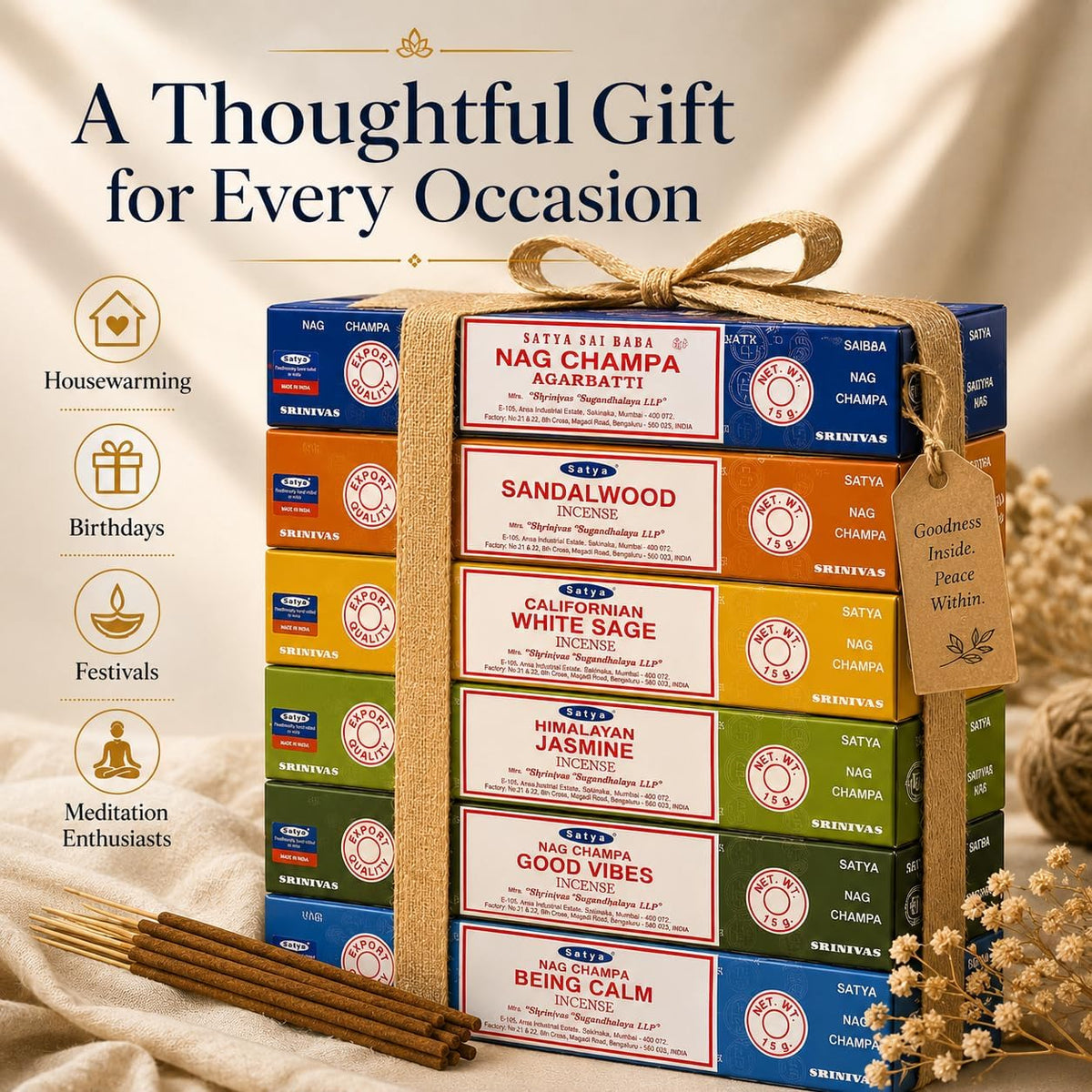 Satya Nag Champa Incense Sticks Variety Pack - 6 Assorted Boxes