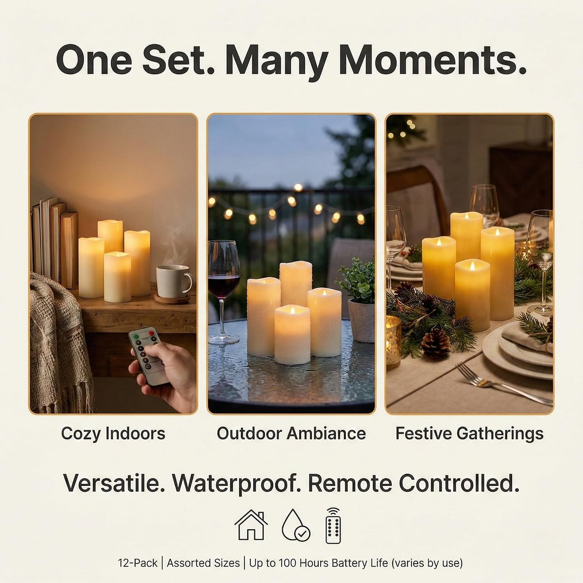Enido Waterproof Flameless Candles, Set of 12 Battery Operated LED Candles