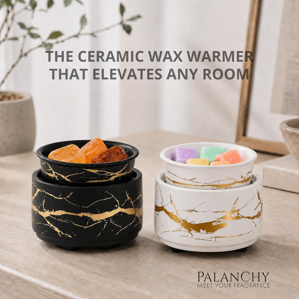 PALANCHY Wax Warmer Set of 2 Black & White Glazed Ceramic with Gold Accents