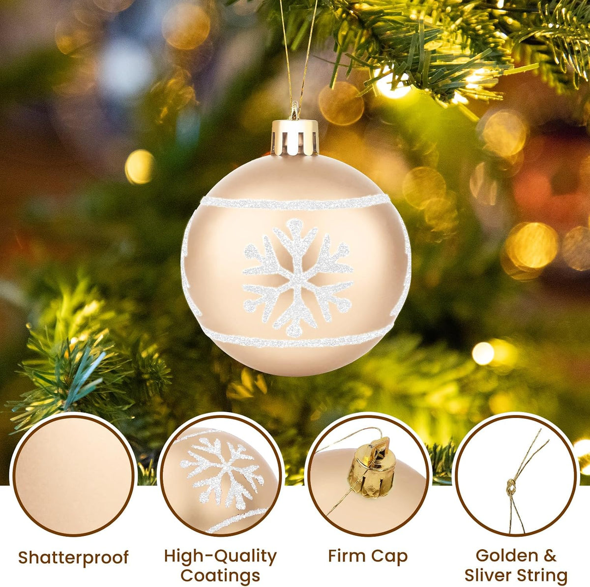 FestiveBliss Christmas Ornaments 71 Count, Champagne & White