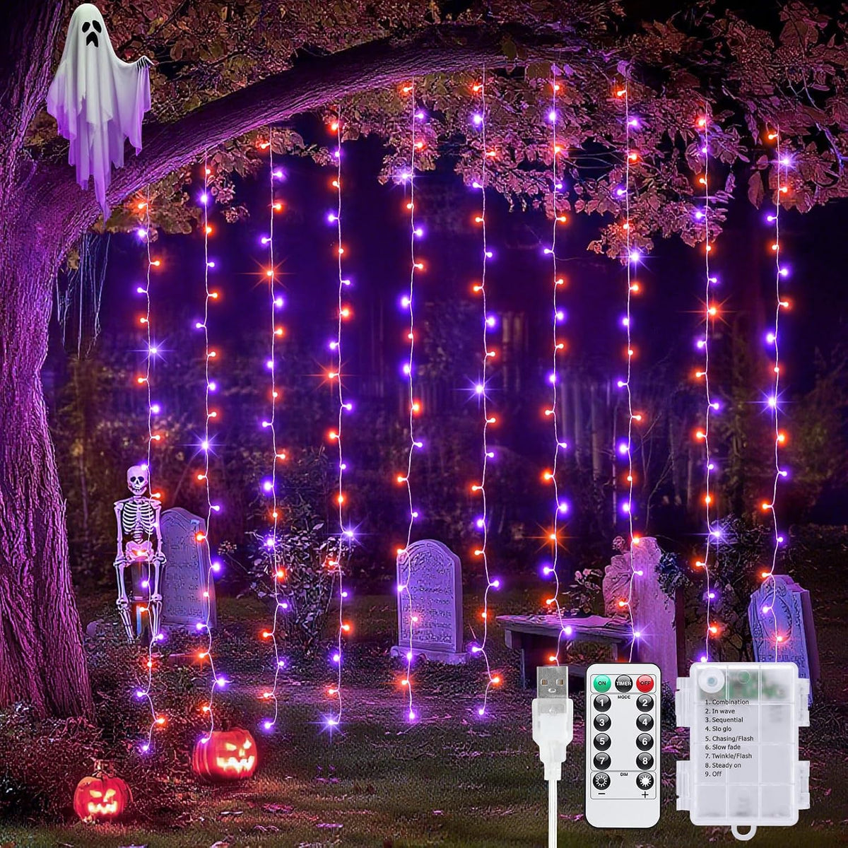 JMEXSUSS 200 LED Halloween Curtain Lights Battery and USB Operated