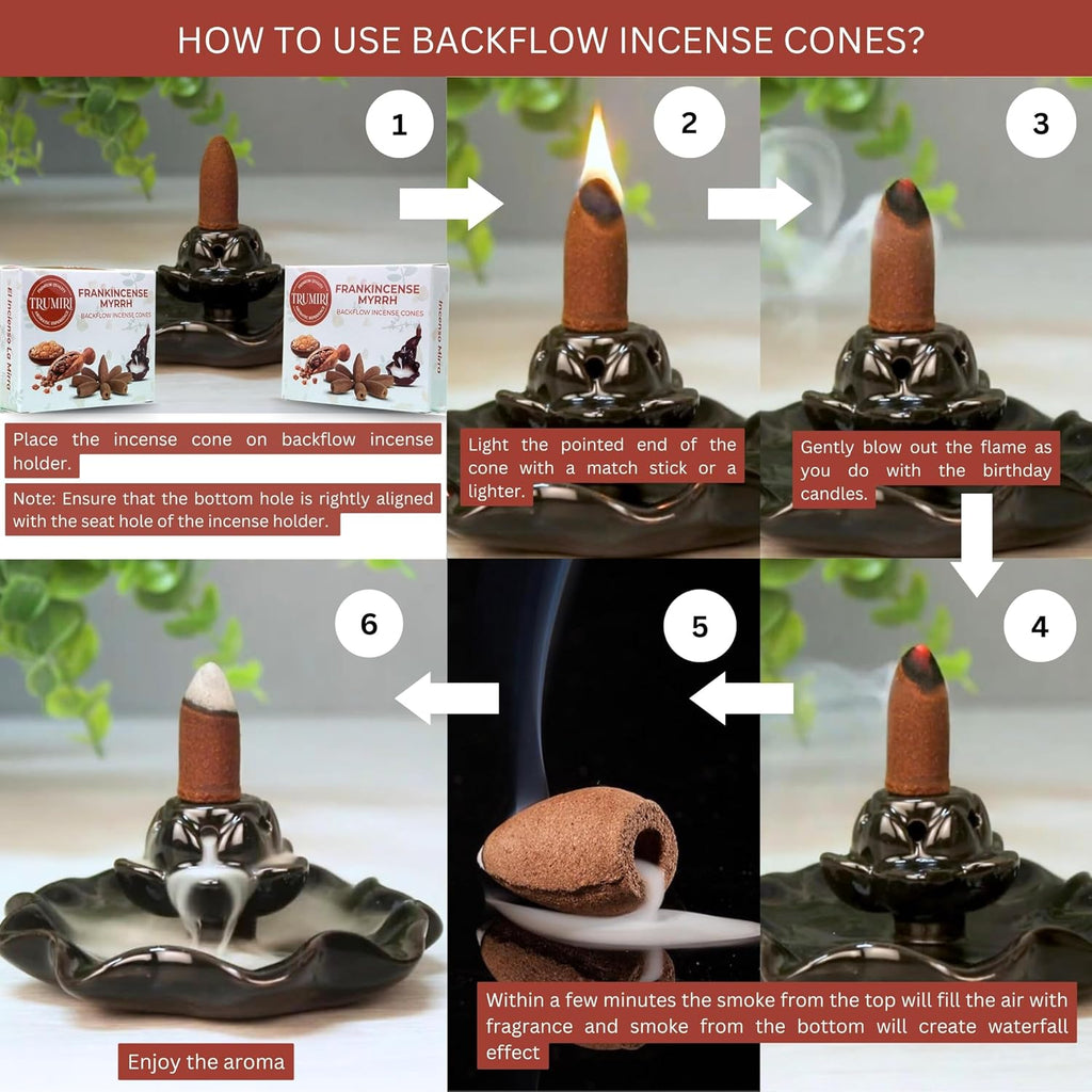 Frankincense Myrrh Backflow Incense - 20 Cones, Dual Pack of 10, Waterfall Effect