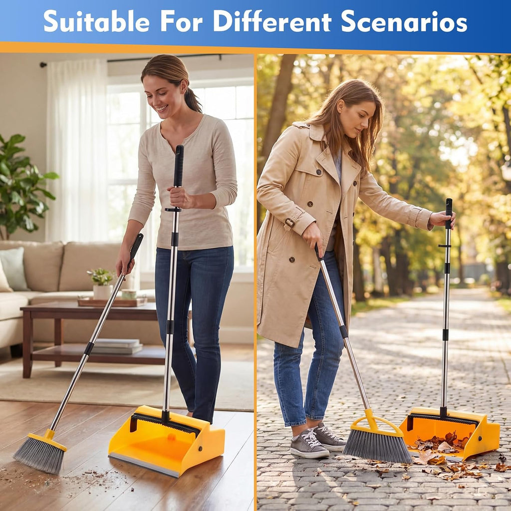 Didaey 3 Pcs Commercial Dustpan with Comb 38” Long Handle Upright Heavy Duty Dust Pan Outdoor Indoor for Courtyards Garages Lobby Mall Market Market Floors Office Pet Hair Rubbish Cleaning (Yellow)