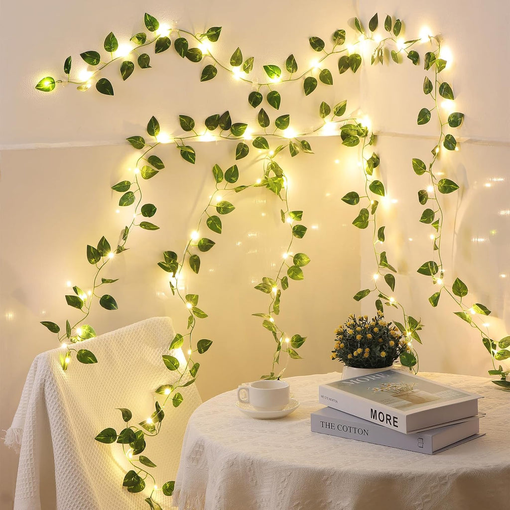 Vines with Lights Battery Operated, 6.56ft 20 LED Pothos with Fairy Lights, Leaf Lights with 8 Modes, Fake Vines Ivy String Lights for Bedroom, Wall, Room, Garden, Party Decor, 4 Pack