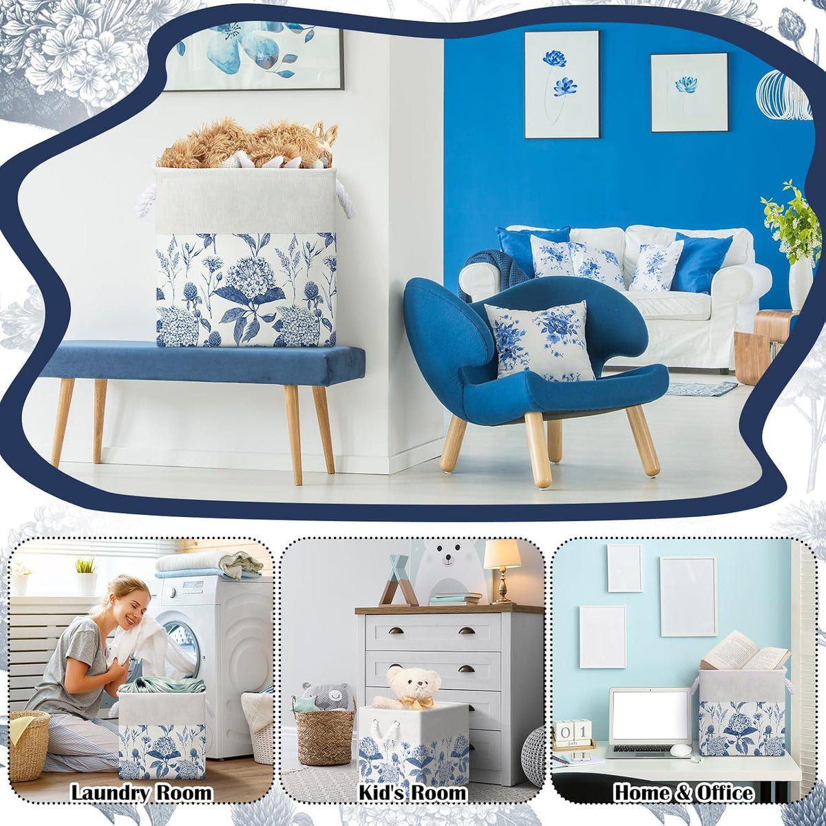Blue Hydrangea Cube Storage Bin Set of 6 Cube Storage Basket, 11.22 Inch