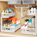 2 Pack Under Sink Organizer With Smooth Cylindrical Rail,2-Tier Pull Out Multi-Purpose Cabinet Storage for Bathroom&Kitchen,Height Adjustable,Rust-resistant Coating-White