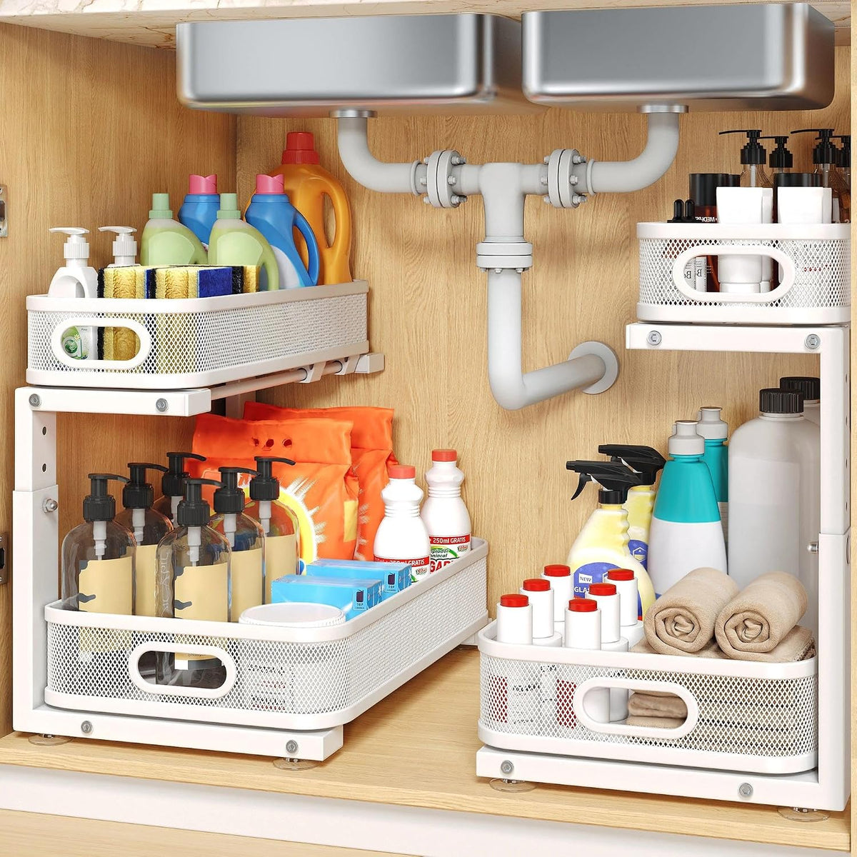 2 Pack Under Sink Organizer With Smooth Cylindrical Rail,2-Tier Pull Out Multi-Purpose Cabinet Storage for Bathroom&Kitchen,Height Adjustable,Rust-resistant Coating-White