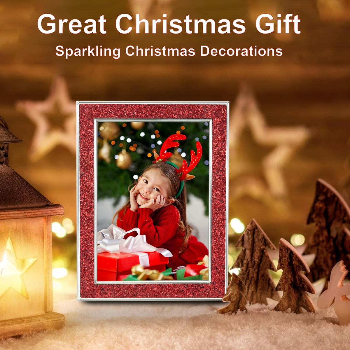 HIKWADERY 5x7 Picture Frame Glitter, Red Bling 5 by 7 Photo Frames with HD Real Glass, for Wall or Tabletop Display, Family Friends Wedding Mother's Day Gift (5 x 7, Red)