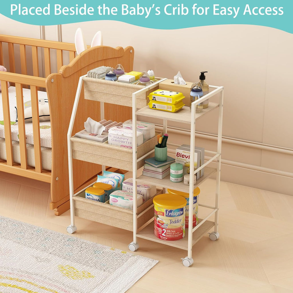 Baby Diaper Caddy Organizer Cart, 3‑Tier Rolling Storage Cart
