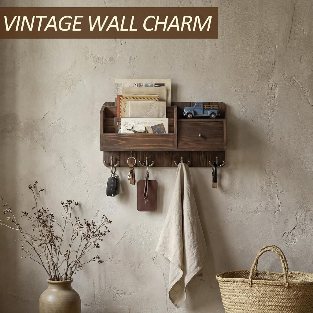 Rebee Vision Pine Wood Key Holder Wall Mount with Mail Sorter, Retro Brown