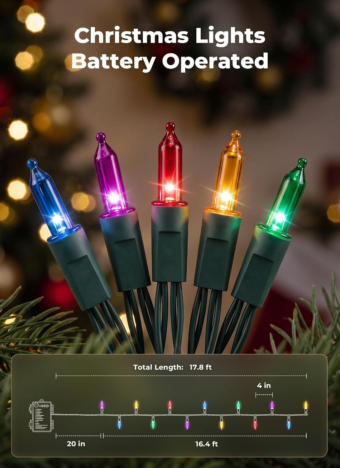 Brightown Battery Operated Christmas Lights, 4 Pack Total 200 LED 71.2Feet