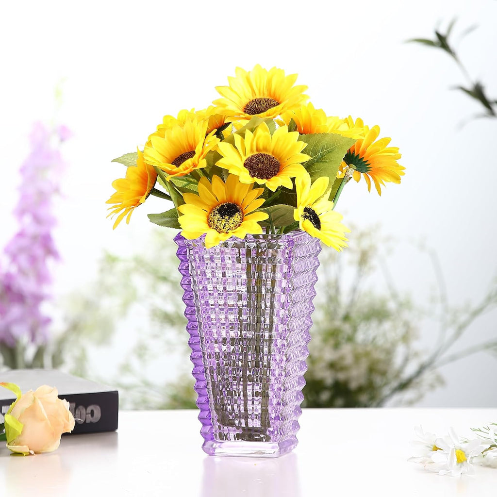 Crystal Vase, Large Crystal Vases for Flowers, Purple Large Flower Vase, Modern Glass Vases for Living Room, Bedroom, Kitchen, Dining Table, Mantle, Wedding, 9 Inches