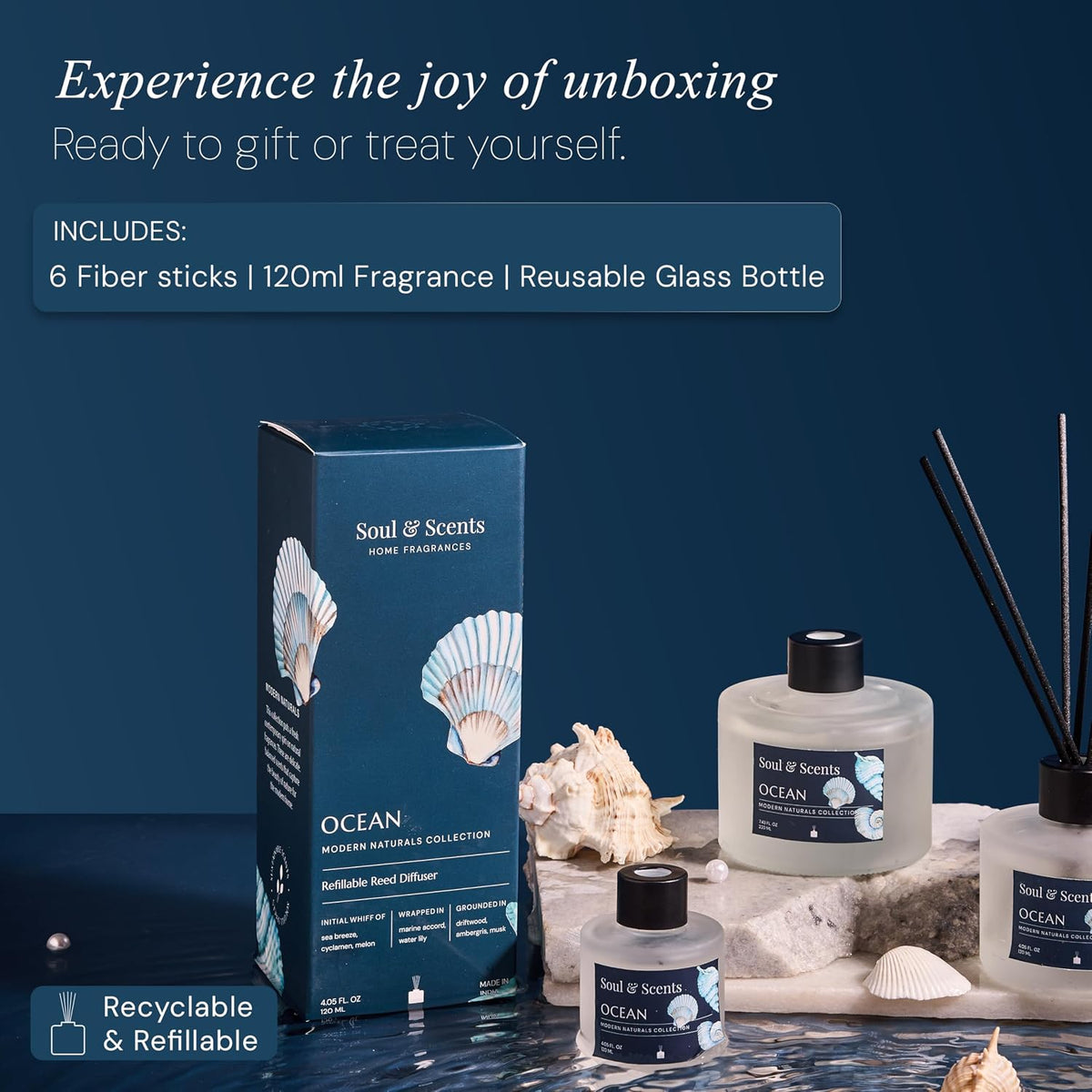 Soul & Scents Ocean Scented 4.06 oz (120ml) Reed Diffuser Set with 6 Fiber Sticks for Room Decor | Home Fragrance Reed Diffuser | Air Freshners for Home