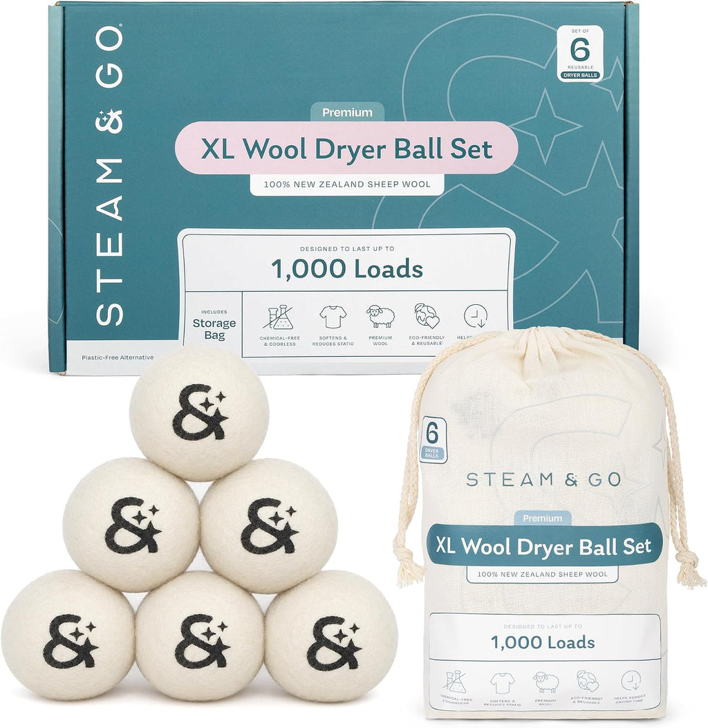 Steam & Go XL Wool Dryer Balls Set, 6 Premium 100% New Zealand Wool Laundry Dryer Balls, Natural Fabric Softener, Reusable Dryer Sheet Alternative, Reduces Static & Drying Time