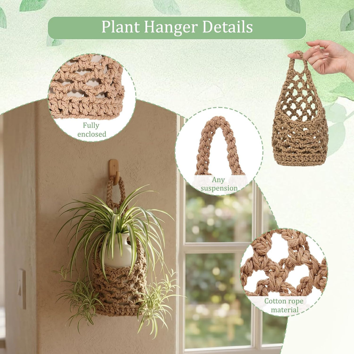 2 Pack 4-inch Hanging Planters, Macrame Wall Plant Hanger, Brown