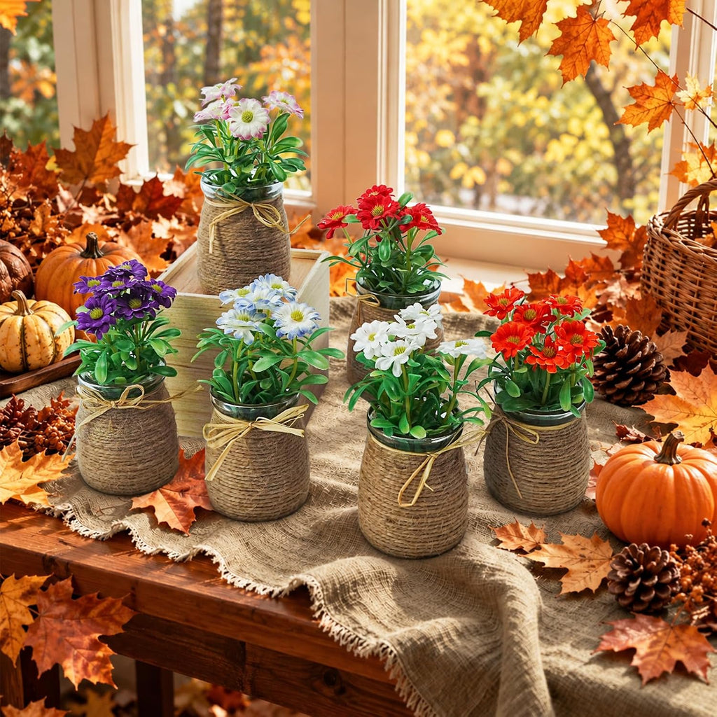6pcs Artificial Daisy Fall Flowers in Small Glass Container
