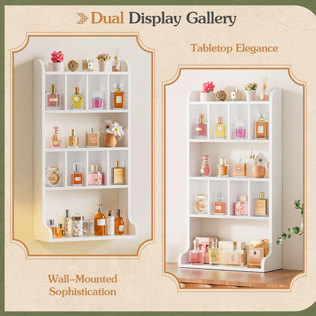 Keebofly Perfume Organizer Wall Mount & Large Cologne Display Case - Wooden Multi-Tier Trinket Shelf for Fragrances, Collectibles, Figures, Miniatures, Cosmetics and Shot Glasses, White