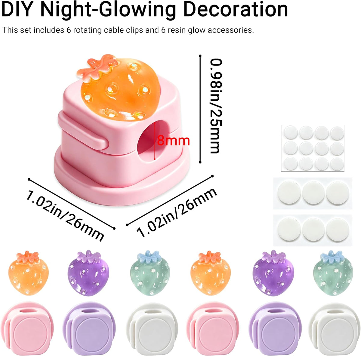 6Pack Magnetic Cable Clips,Night-Glowing Cord Holder,Strawberry