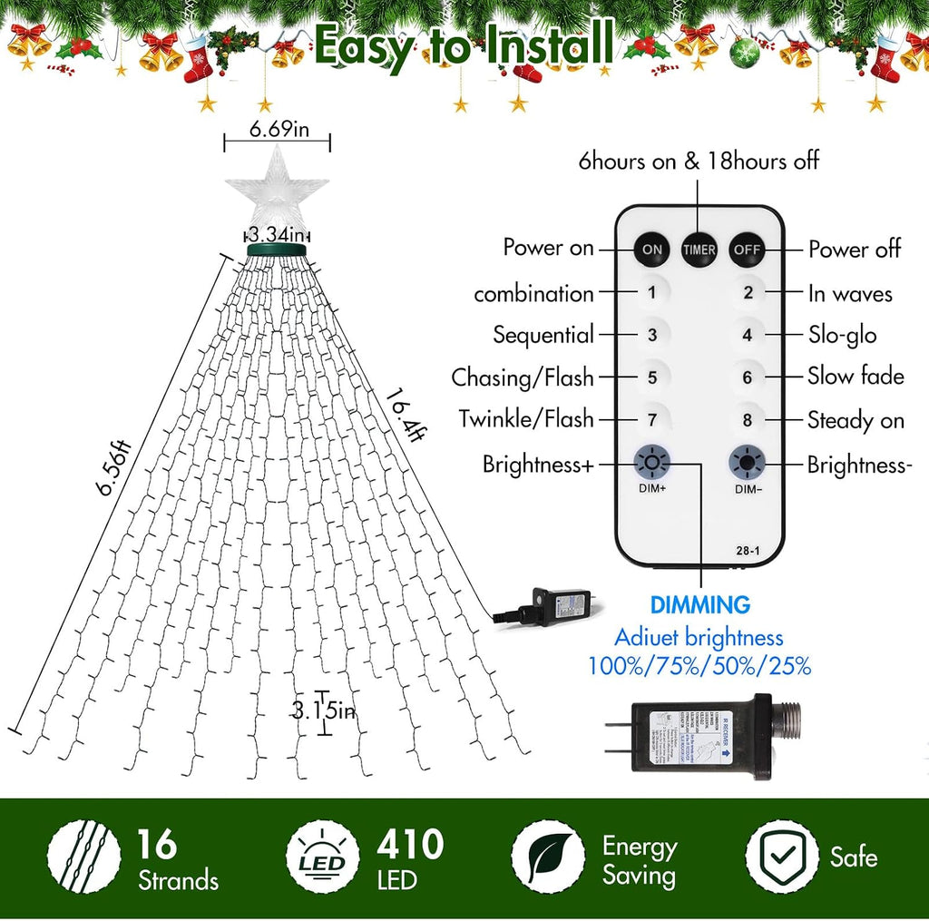 Christmas Lights with Star Topper, 410LED String Lights with Ring for Tree, 6.6FT x 16 Lines Fairy Lights with 8 Modes for Indoor Outdoor Xmas Decor, Warm White
