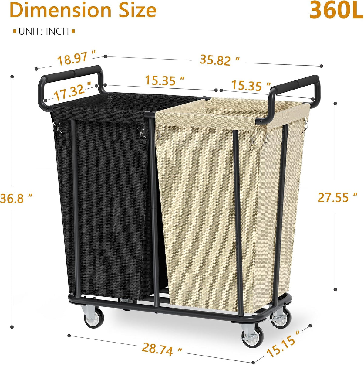 Gewudraw 2 Section Heavy Duty Laundry Basket with Wheels, 360L