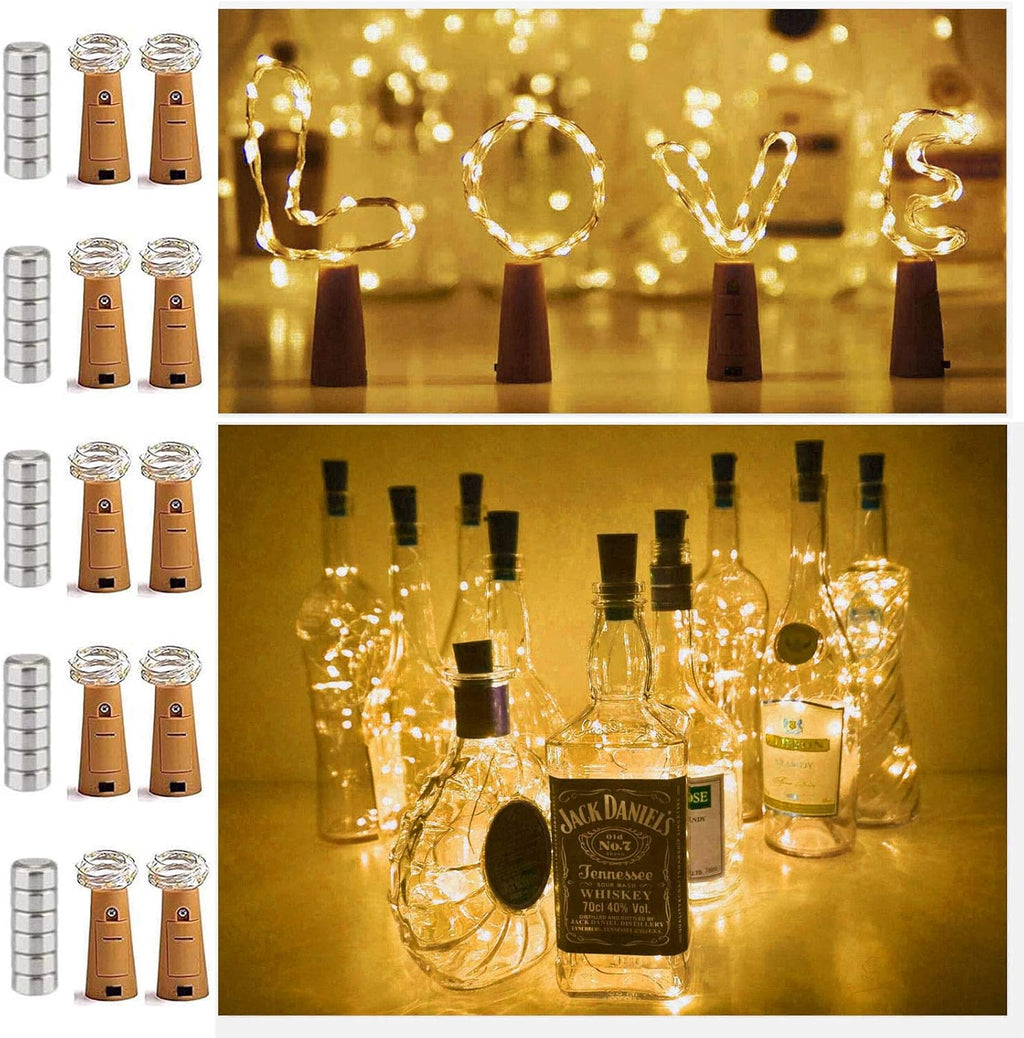 20 LED Wine Bottle Cork Light with Copper Wire, Battery Operated Bottle Stopper Lamp for Ambient Home Bar Decor, Warm White, 10 Pack