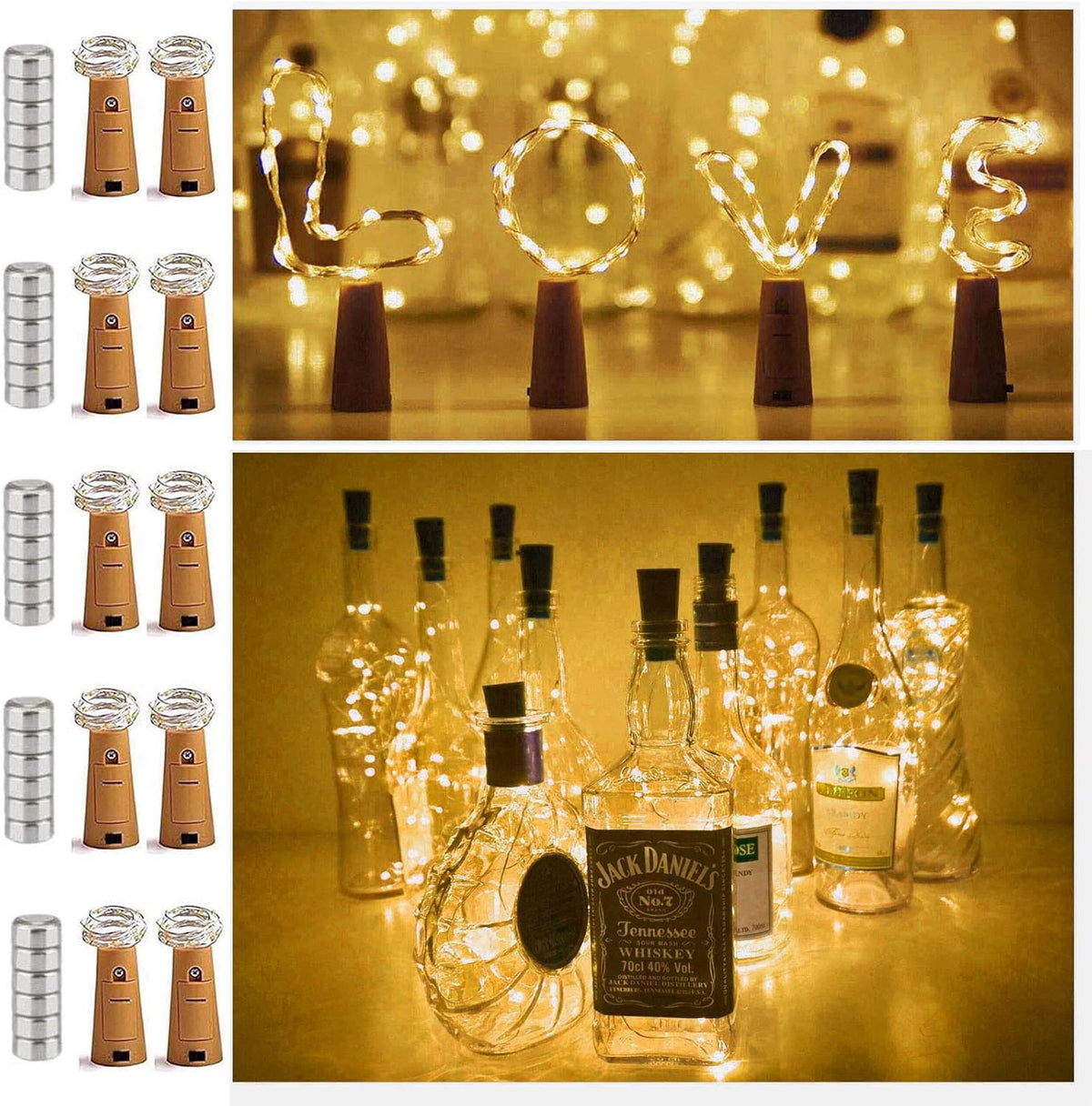 20 LED Wine Bottle Cork Light with Copper Wire, Battery Operated Bottle Stopper Lamp for Ambient Home Bar Decor, Warm White, 10 Pack