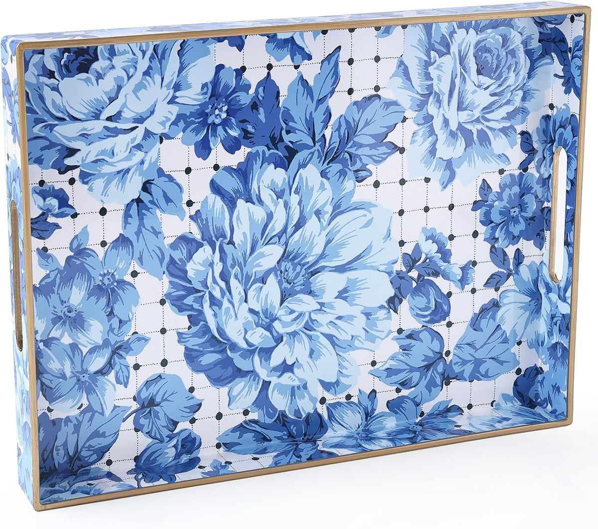 Serving Tray with Handles, Rectangular Plastic Tray 15.75x11.81 Inch, Decorative Tray for Kitchen, Dining Table, Vanity, Office & Home (Blue Peony, 15.8" x 11.8" x 1.6")