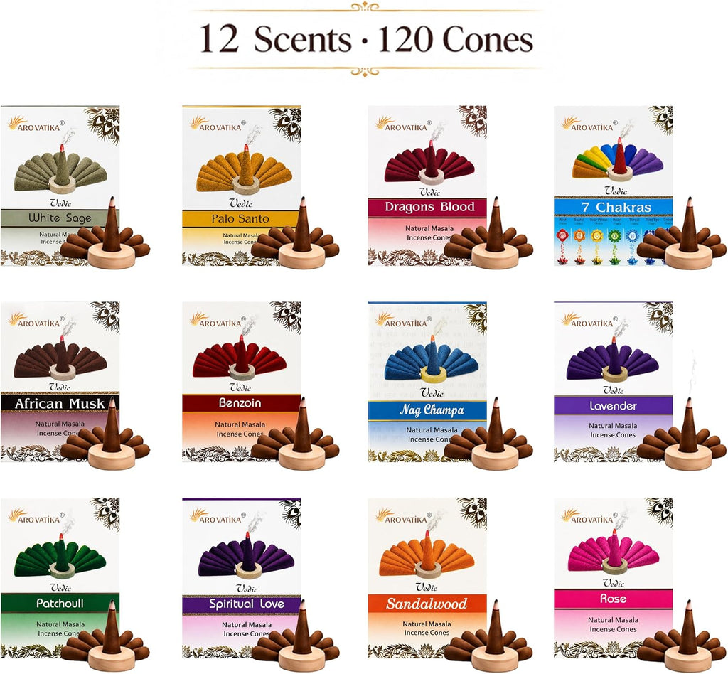 ARO VATIKA Vedic Natural Incense Cones Variety Pack of 120, 12 Flavored Premium Non-Toxic Dhoop Cones for Meditation, Yoga, Spiritual Healing, Relaxation & Home Fragrance, Burn Time 25 Mins