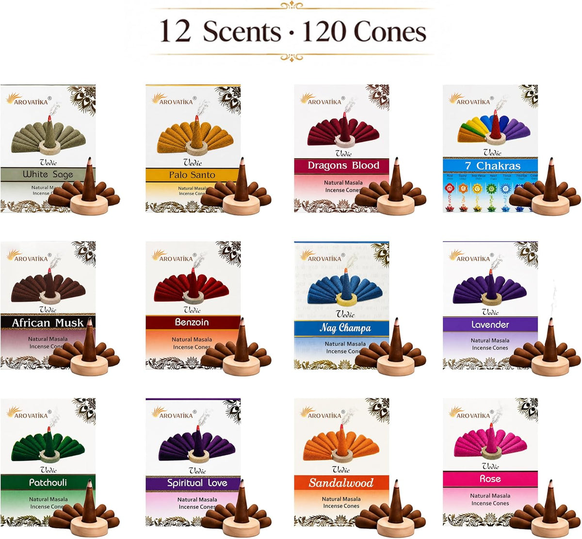 ARO VATIKA Vedic Natural Incense Cones Variety Pack of 120, 12 Flavored Premium Non-Toxic Dhoop Cones for Meditation, Yoga, Spiritual Healing, Relaxation & Home Fragrance, Burn Time 25 Mins