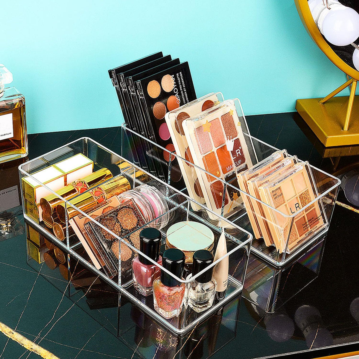 JessLab Acrylic Makeup Organizer, 3-Compartment Clear Bathroom Drawer Tray