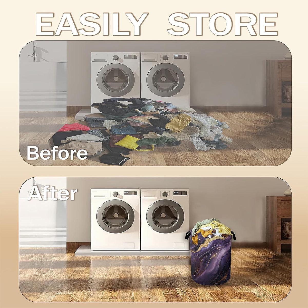 Purple Gold Marble Laundry Hamper,Modern Abstract Collapsible Laundry Baskets,Waterproof Oxford Cloth Laundry Room Organization for Bedroom,Bathroom,Nursery,16x20 Inch