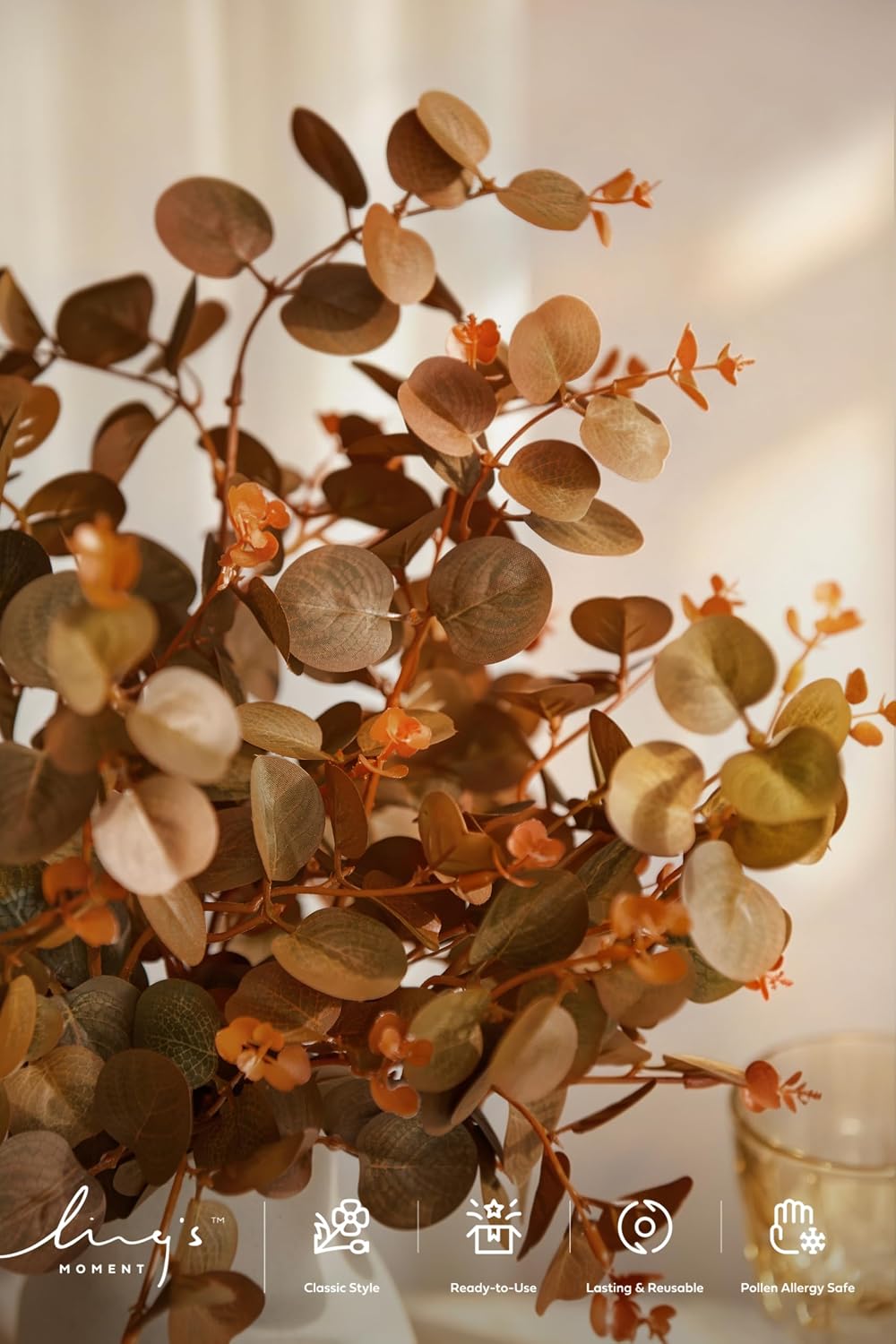 Ling's moment Artificial Plants Amber Eucalyptus Leaves Branches,6Pcs 17.5" Tall Fake Greenery Filler w/Stems, Realistic Texture Money Plant Leaves Decor for Wedding Bouquets/Table Centerpieces, Room
