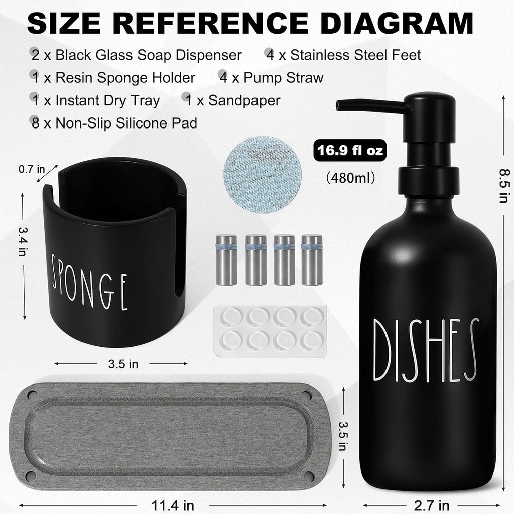Hand and Dish Soap Dispenser Set, Kitchen Soap Dispenser Set with Sponge Holder, Black Glass Dish Soap Dispenser for Kitchen with Pump, Instant Dry Tray, 17 fl oz Farmhouse Kitchen Decor