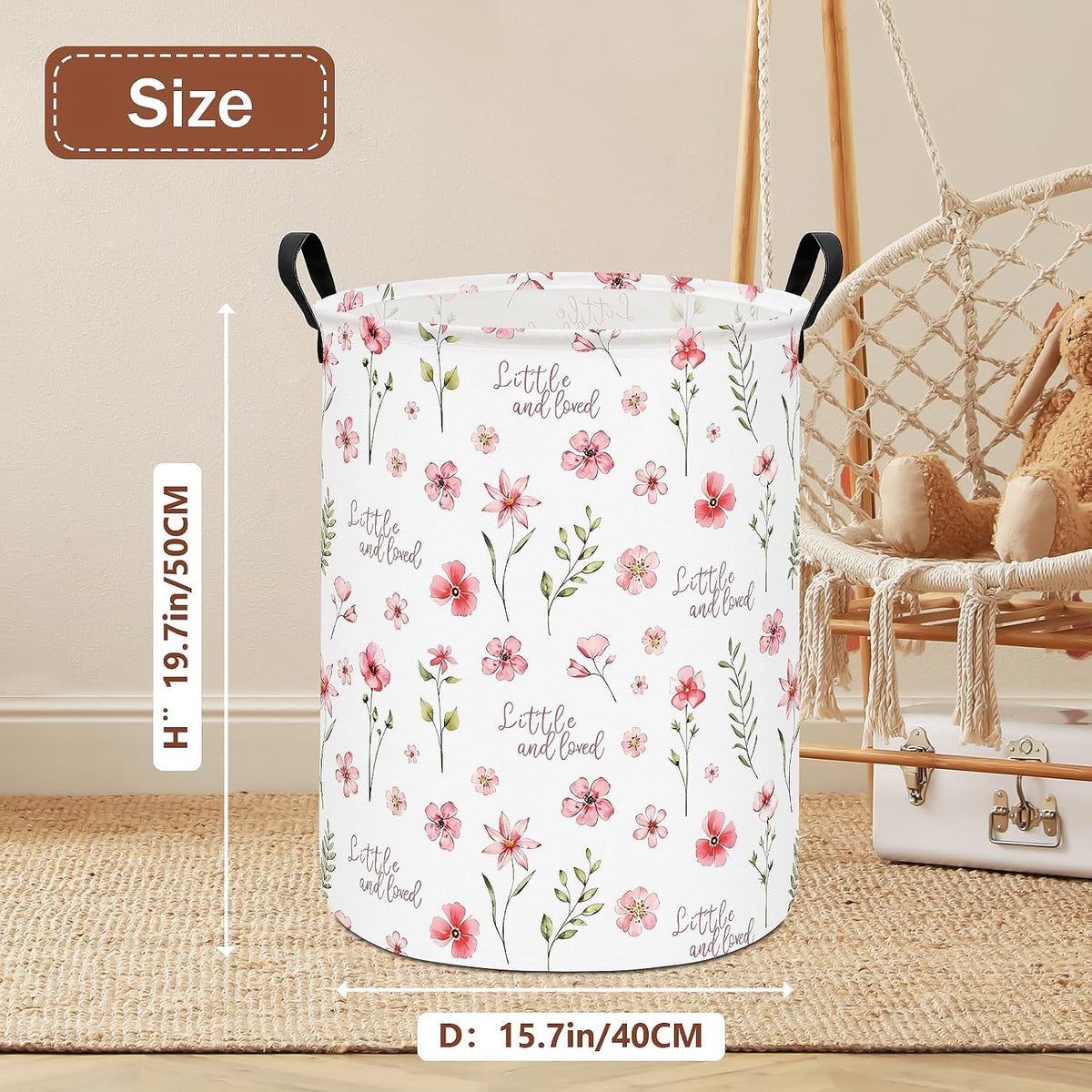 Round Laundry Hamper Large Canvas Fabric Storage Basket Pink Floral