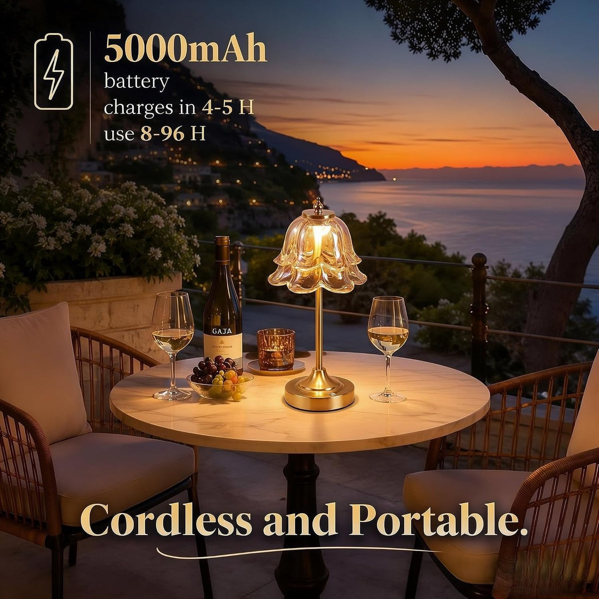 Glass Rechargeable Table Lamp, Vintage Flower Cordless Table Light -Amber