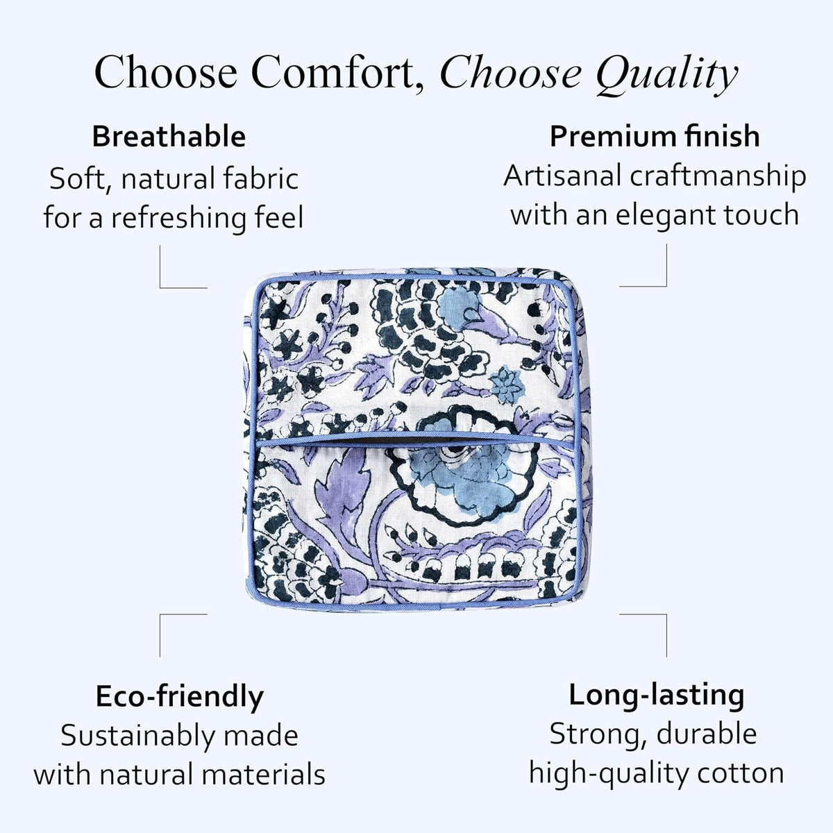 CPC 100% Cotton Piping Block Print Tissue Box Cover, Indigo Blue