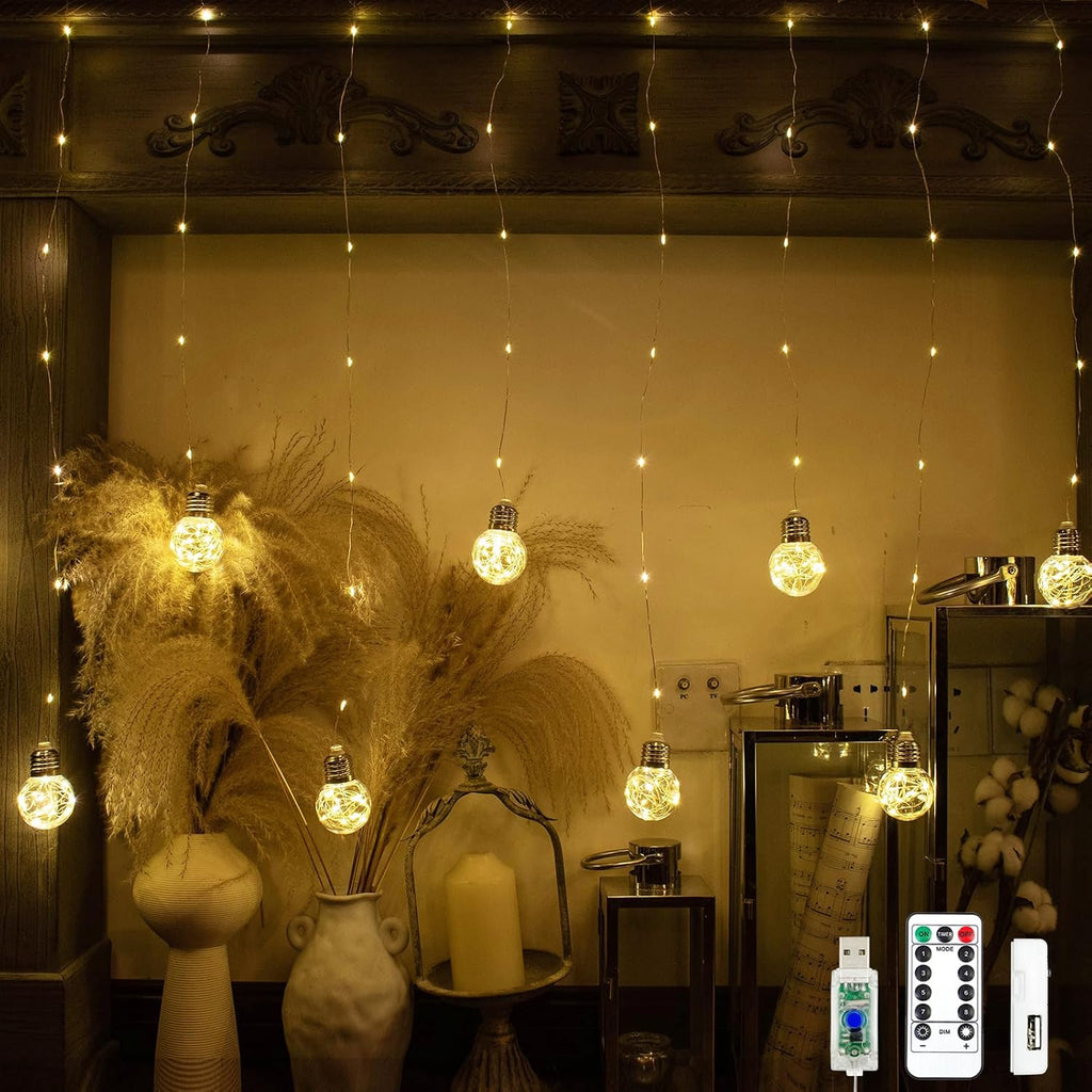 Wish Ball Curtain Lights 200 LED Window Fairy Light, USB/Battery Powered Twinkle Globe Curtain String Lights for Wedding Backdrop Room Dorm Party Christmas Decor (Warm White)