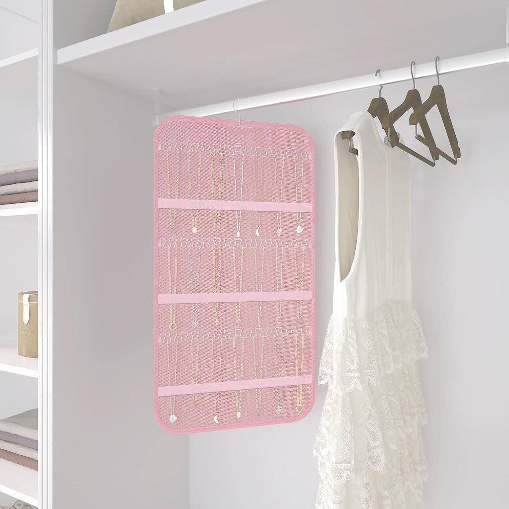 Double-Sided Hanging Jewelry Organizer for Necklaces Earrings, 2-Pack, Pink