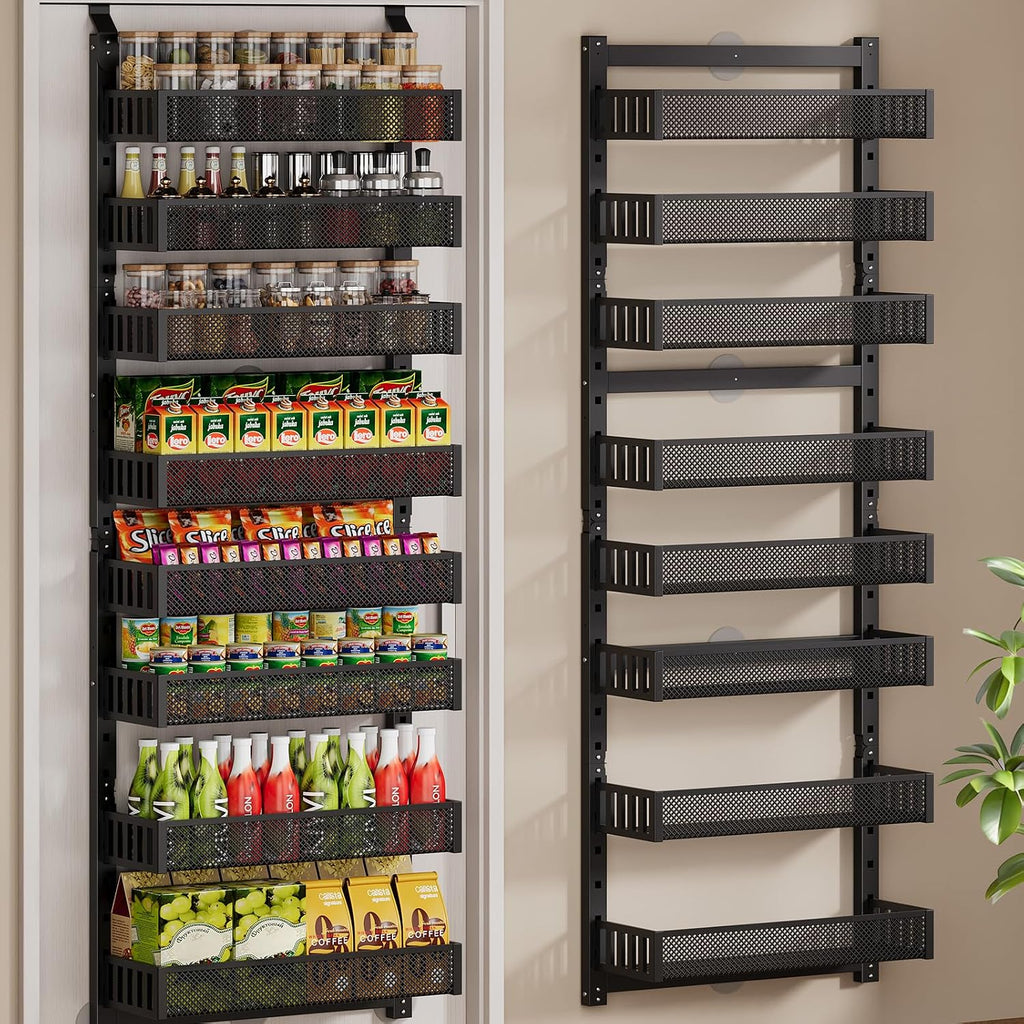 POKIPO 8-Tier Over the Door Pantry Organizer, 2 IN 1 Wall Mount or Hanging Spice Rack with Adjustable Raised Basket, Heavy Duty Back of Door Storage for Kitchen Bathroom Laundry Room
