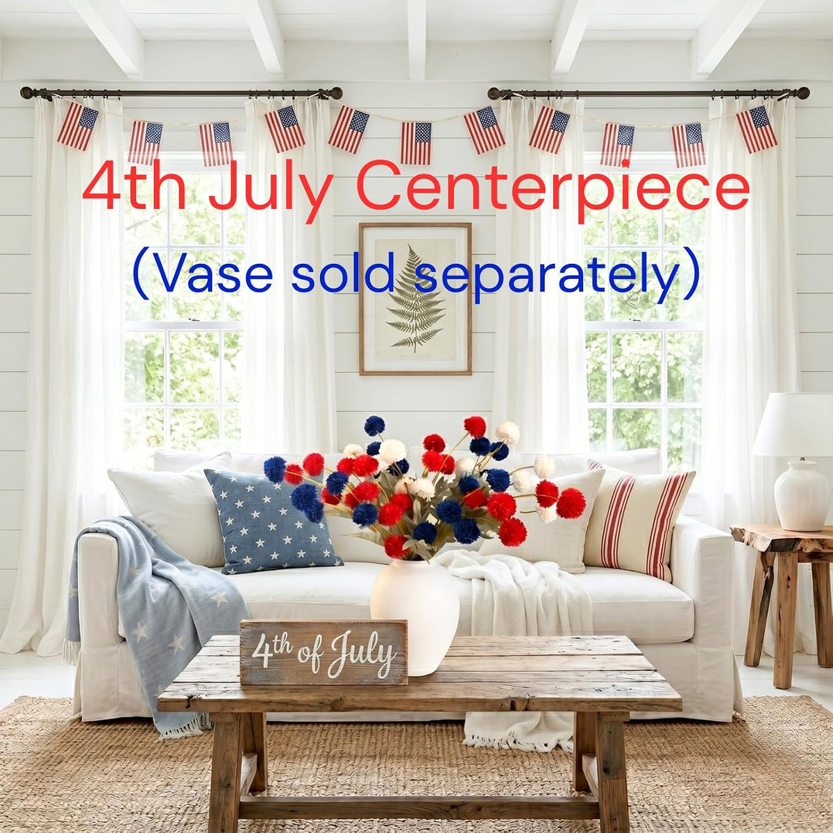 Red White and Blue Artificial Flower Arrangement 12 Stems with American Flag, 4th of July Table Decorations Centerpiece for Patriotic Home Decor, Independence Day Party, Memorial Day Decor