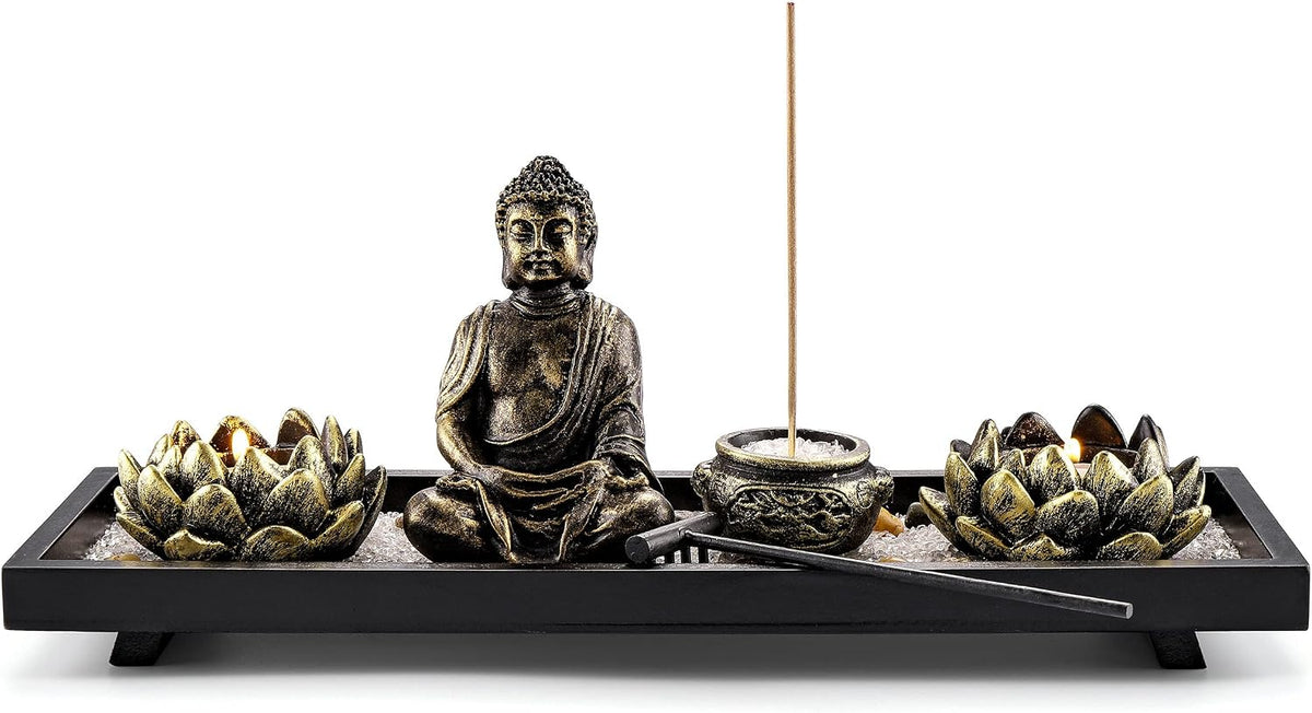 Jovivi Zen Garden Set Buddha Statue 2 Lotus Tealight Candle Holders