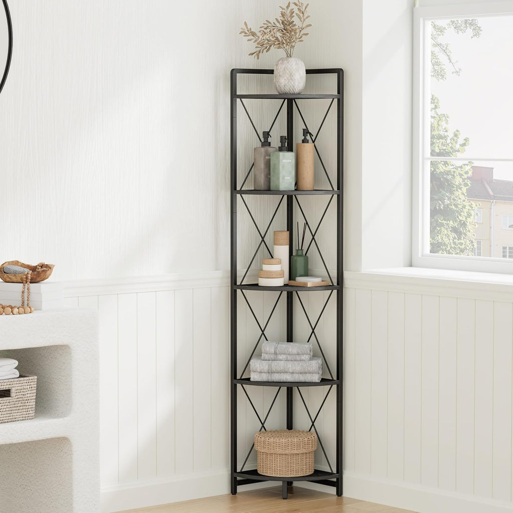 5 Tier Corner Shelf Stand, 64" H Tall Corner Bookshelf, Black