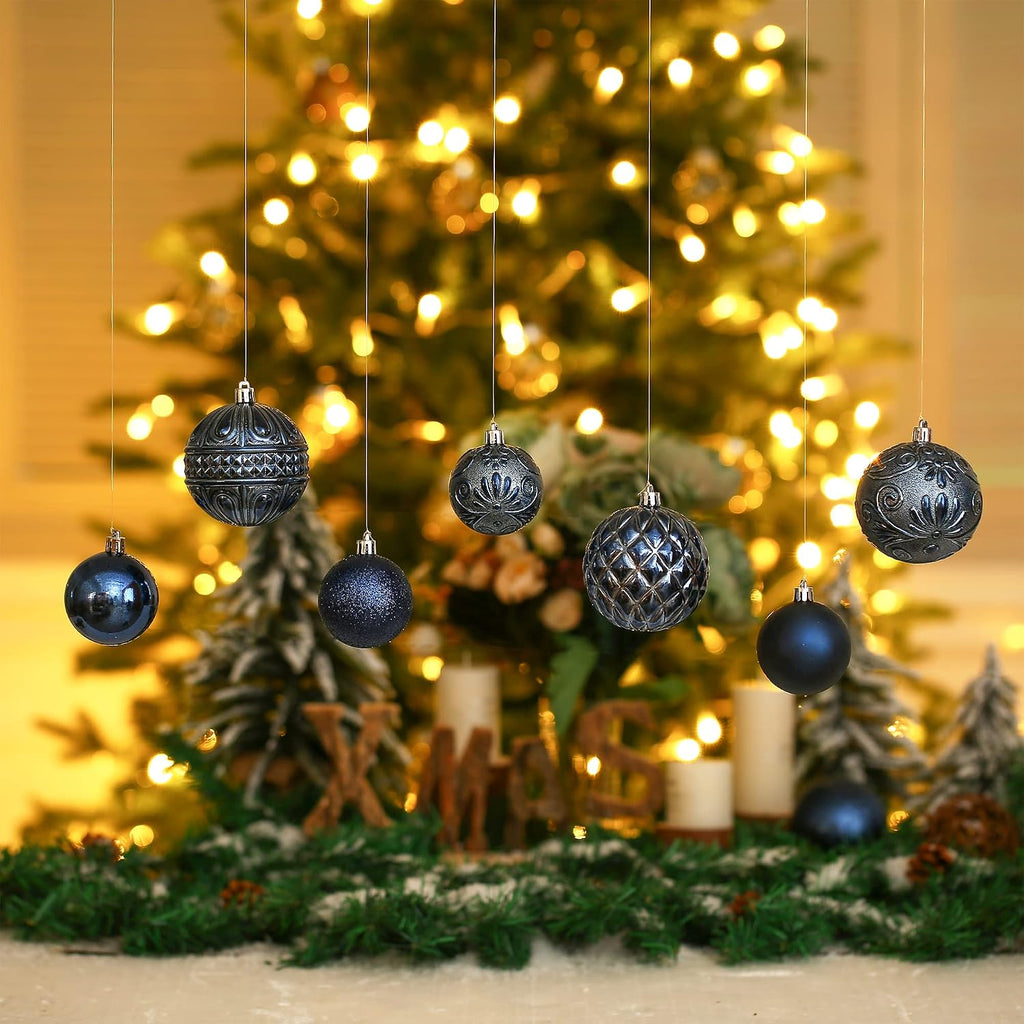 Christmas Ball Ornaments Navy Blue Christmas Tree Decorations with Hang Rope-36pcs Shatterproof Christmas Ornaments Set with 6 Styles in 3 Sizes(Small Medium Large)