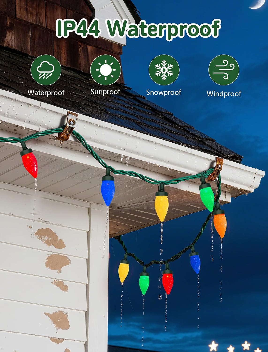 SUNSGNE C7 LED Christmas Colorful String Lights - 26FT Colored Christmas Tree Lights with 50 Multicolor LED Bulbs for Holiday Party Roofline Backyard Garden Patio - Green Wire