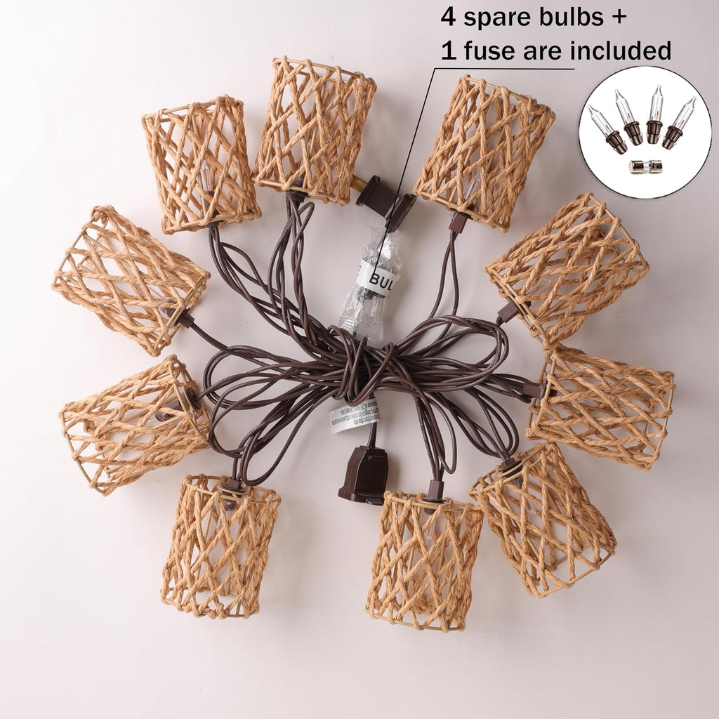 Decorative String Lights Plug in with 10 Incandescent Bulbs, Handwoven Rattan Cylinder-shaped Boho Lantern String Lights Connectable Weatherproof Outdoor Indoor for Bedroom Patio Pergola Decor (Beige)