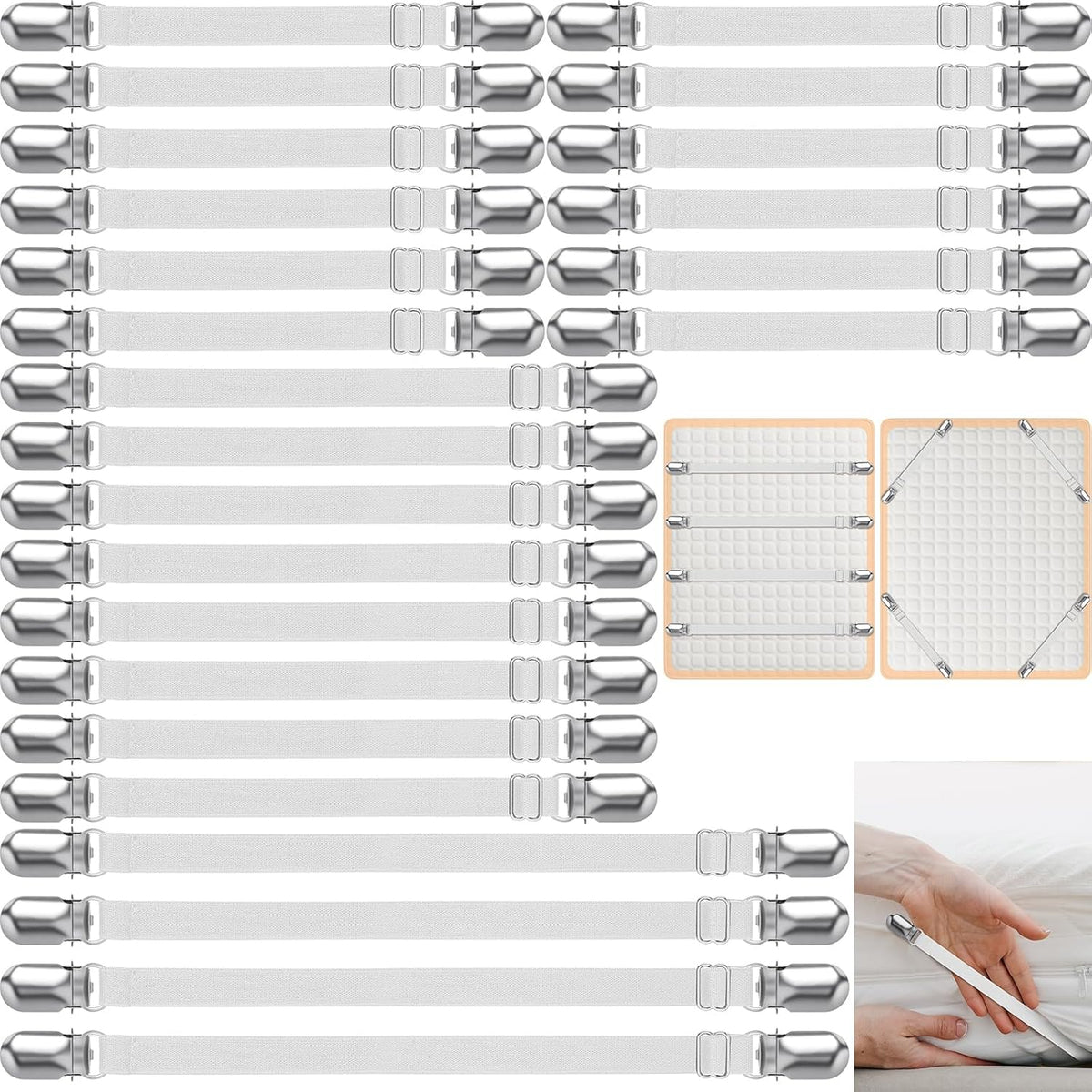 Boao 24 Pcs Bed Sheet Straps Heavy Duty Adjustable Elastic Fasteners Fitted Bed Holder Mattress Corner Sheet Fasteners Clips for Home Room Couch Supplies(White)